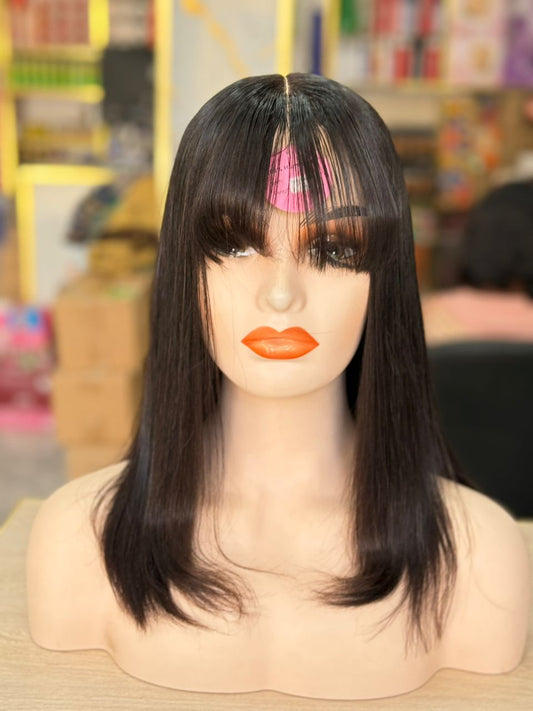 Perruque Lisse 14 Pouces avec Frange - Cheveux Humains 100% - Style Classique